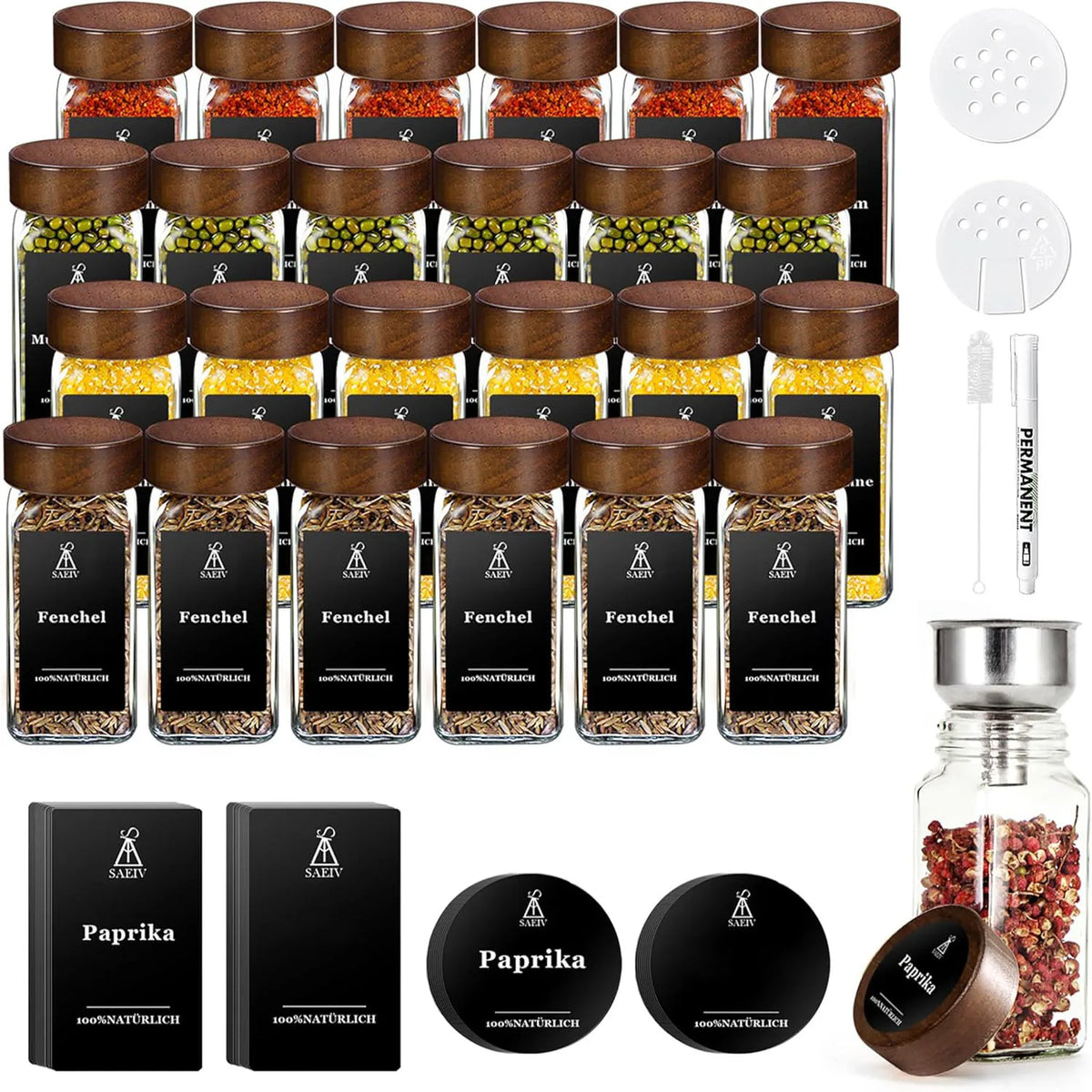 Quadratisches Gewürzglas mit Akazienholzdeckel, 120 ml, Gewürzgläser-Set mit Etiketten, BPA-frei