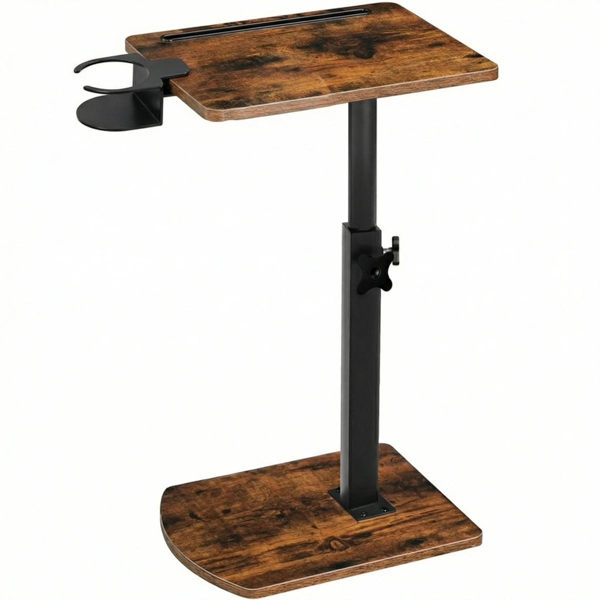 Vintage brauner C-förmiger Beistelltisch – höhenverstellbar 360° °   Drehbarer Sofa-Schreibtisch mit Getränkehalter und Tablet-Schlitz
