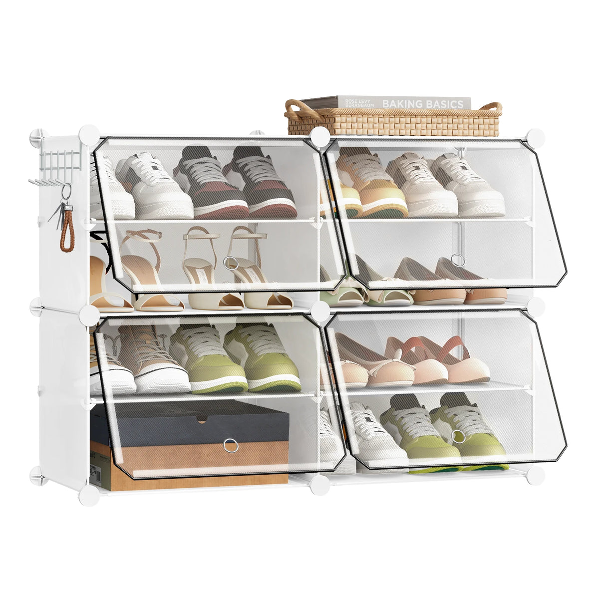 Faltbarer modularer Schuhschrank – transparenter stapelbarer Kunststoff-Schuhorganizer mit Seitenhaken für Flur und Wohnzimmer