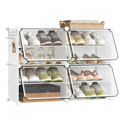 Faltbarer modularer Schuhschrank – transparenter stapelbarer Kunststoff-Schuhorganizer mit Seitenhaken für Flur und Wohnzimmer
