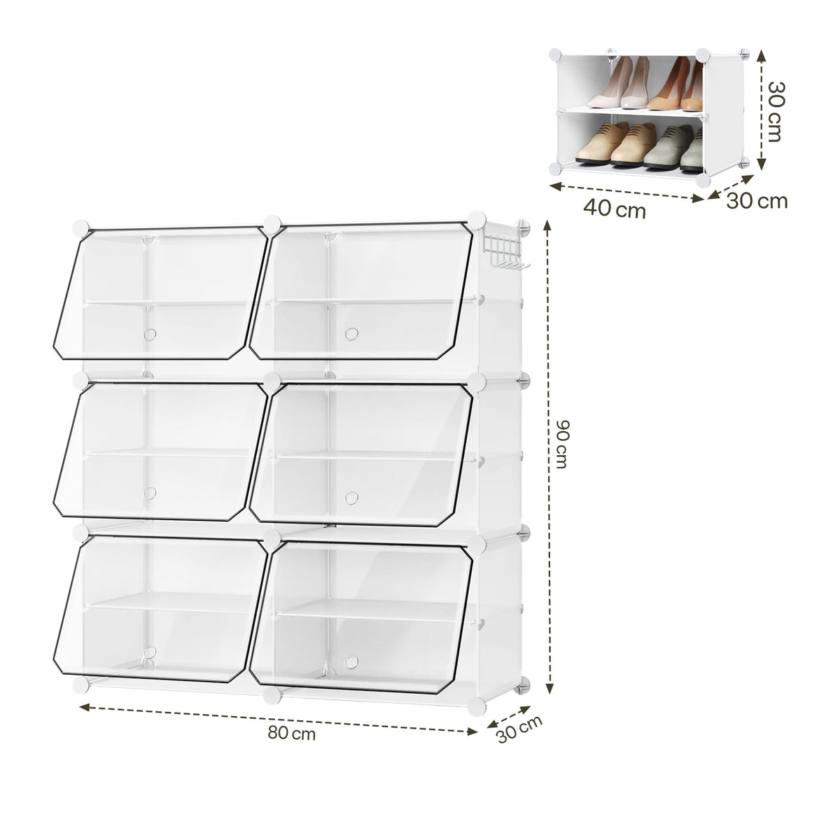 Faltbarer modularer Schuhschrank – transparenter stapelbarer Kunststoff-Schuhorganizer mit Seitenhaken für Flur und Wohnzimmer