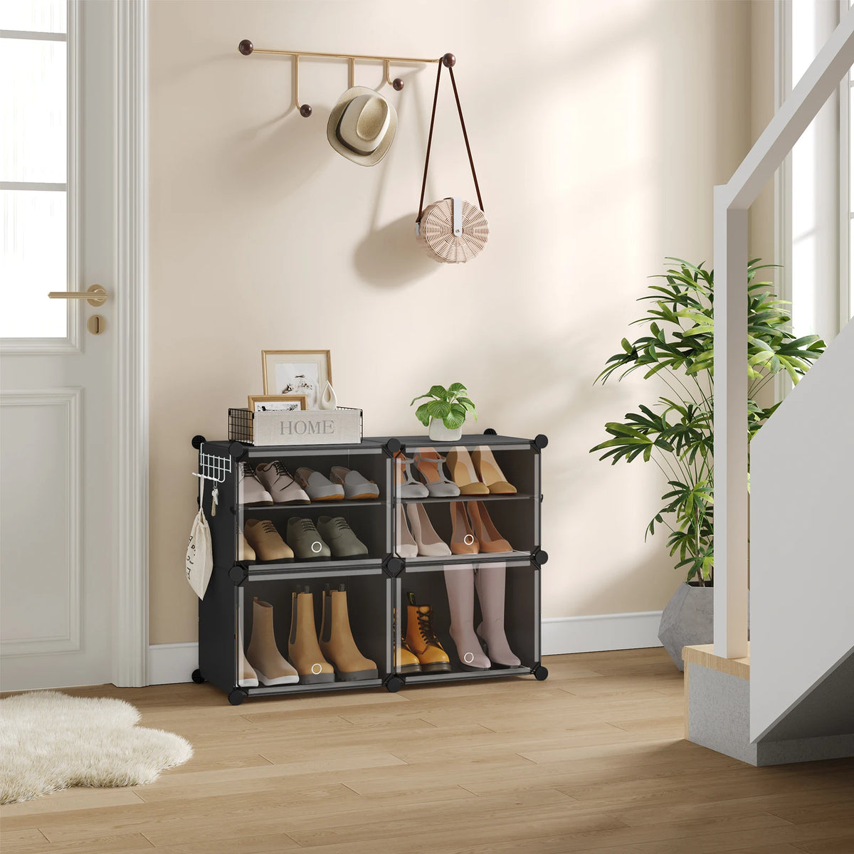 Faltbarer modularer Schuhschrank – transparenter stapelbarer Kunststoff-Schuhorganizer mit Seitenhaken für Flur und Wohnzimmer