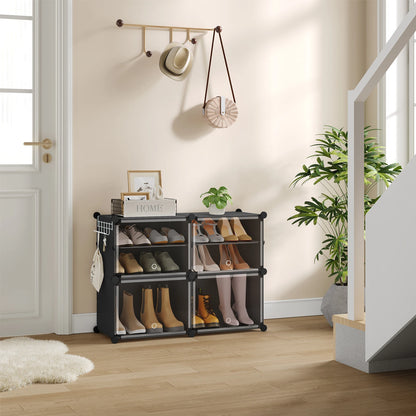 Faltbarer modularer Schuhschrank – transparenter stapelbarer Kunststoff-Schuhorganizer mit Seitenhaken für Flur und Wohnzimmer