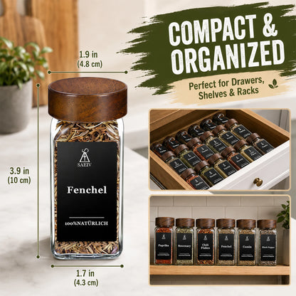 Quadratisches Gewürzglas mit Akazienholzdeckel, 120 ml, Gewürzgläser-Set mit Etiketten, BPA-frei