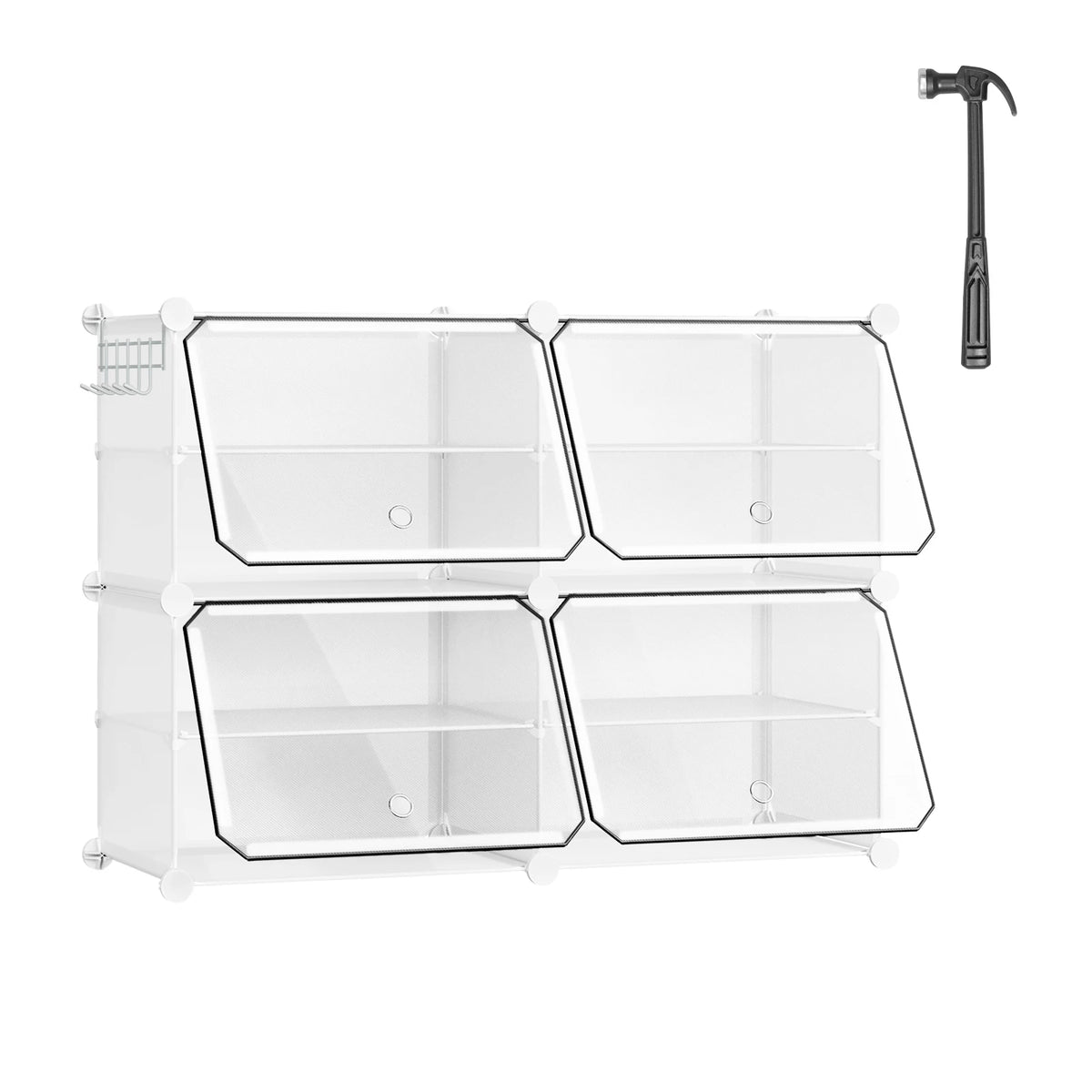 Faltbarer modularer Schuhschrank – transparenter stapelbarer Kunststoff-Schuhorganizer mit Seitenhaken für Flur und Wohnzimmer