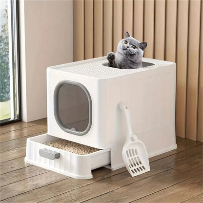 Große geschlossene Katzentoilette mit Oberreinstieg, Ausziehschublade und Schaufel (Grau und Weiß)