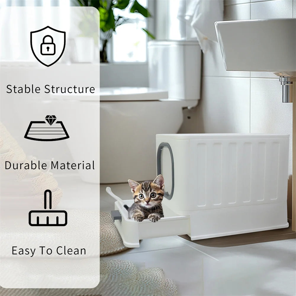 Große geschlossene Katzentoilette mit Oberreinstieg, Ausziehschublade und Schaufel (Grau und Weiß)