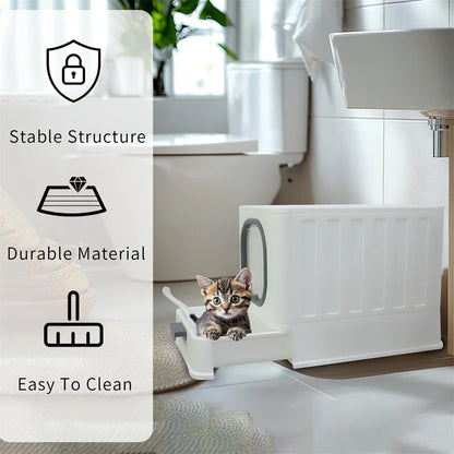 Große geschlossene Katzentoilette mit Oberreinstieg, Ausziehschublade und Schaufel (Grau und Weiß)
