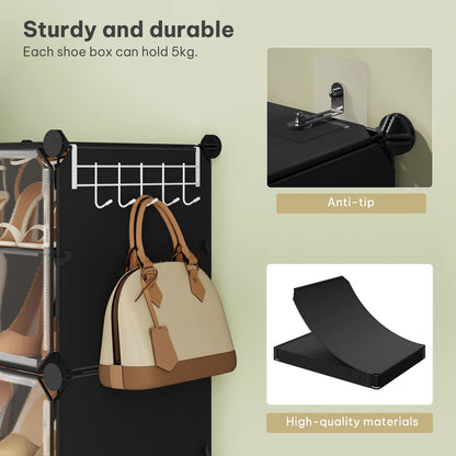 Faltbarer modularer Schuhschrank – transparenter stapelbarer Kunststoff-Schuhorganizer mit Seitenhaken für Flur und Wohnzimmer