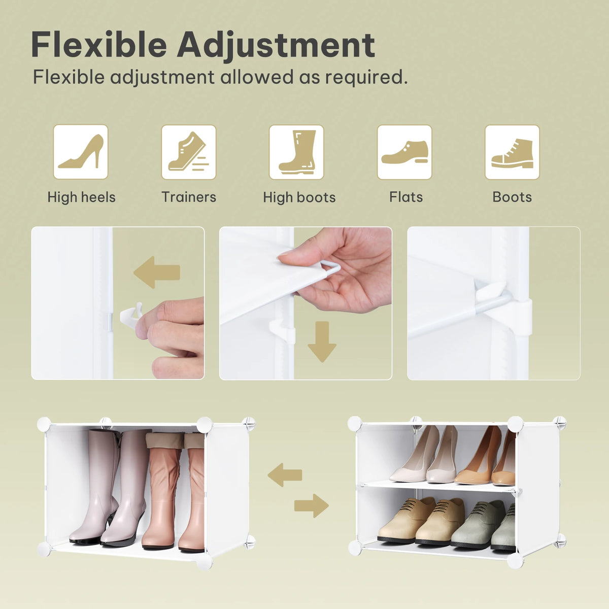 Faltbarer modularer Schuhschrank – transparenter stapelbarer Kunststoff-Schuhorganizer mit Seitenhaken für Flur und Wohnzimmer