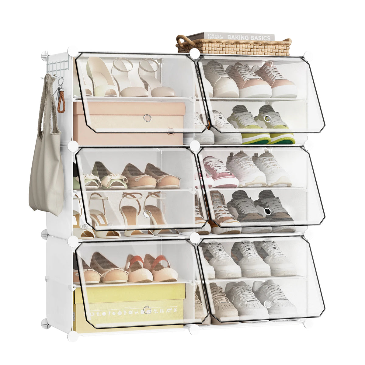 Faltbarer modularer Schuhschrank – transparenter stapelbarer Kunststoff-Schuhorganizer mit Seitenhaken für Flur und Wohnzimmer