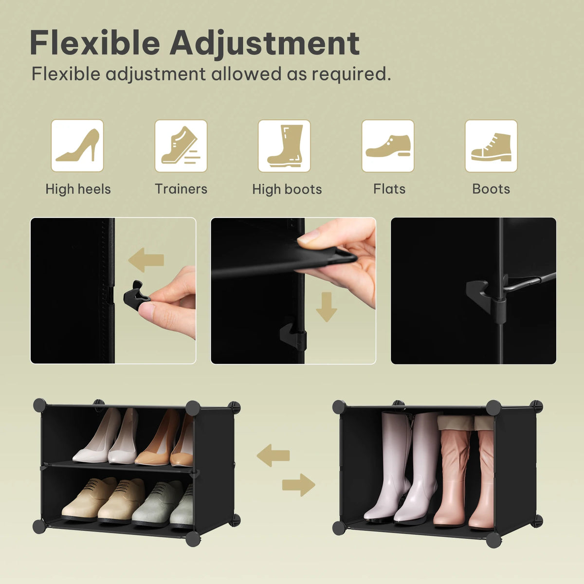 Faltbarer modularer Schuhschrank – transparenter stapelbarer Kunststoff-Schuhorganizer mit Seitenhaken für Flur und Wohnzimmer