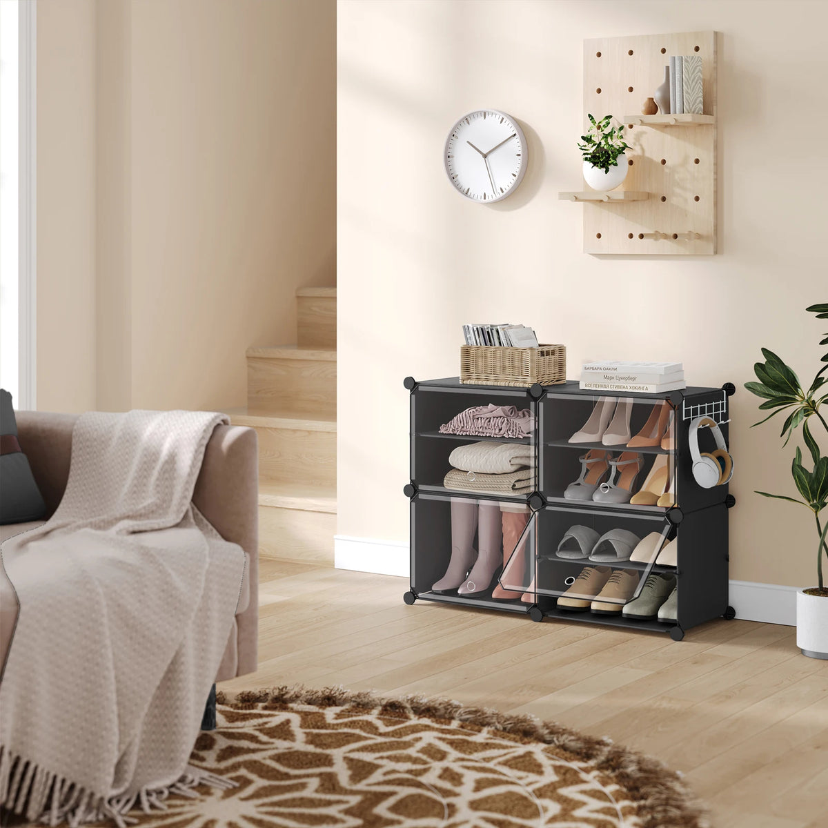 Faltbarer modularer Schuhschrank – transparenter stapelbarer Kunststoff-Schuhorganizer mit Seitenhaken für Flur und Wohnzimmer
