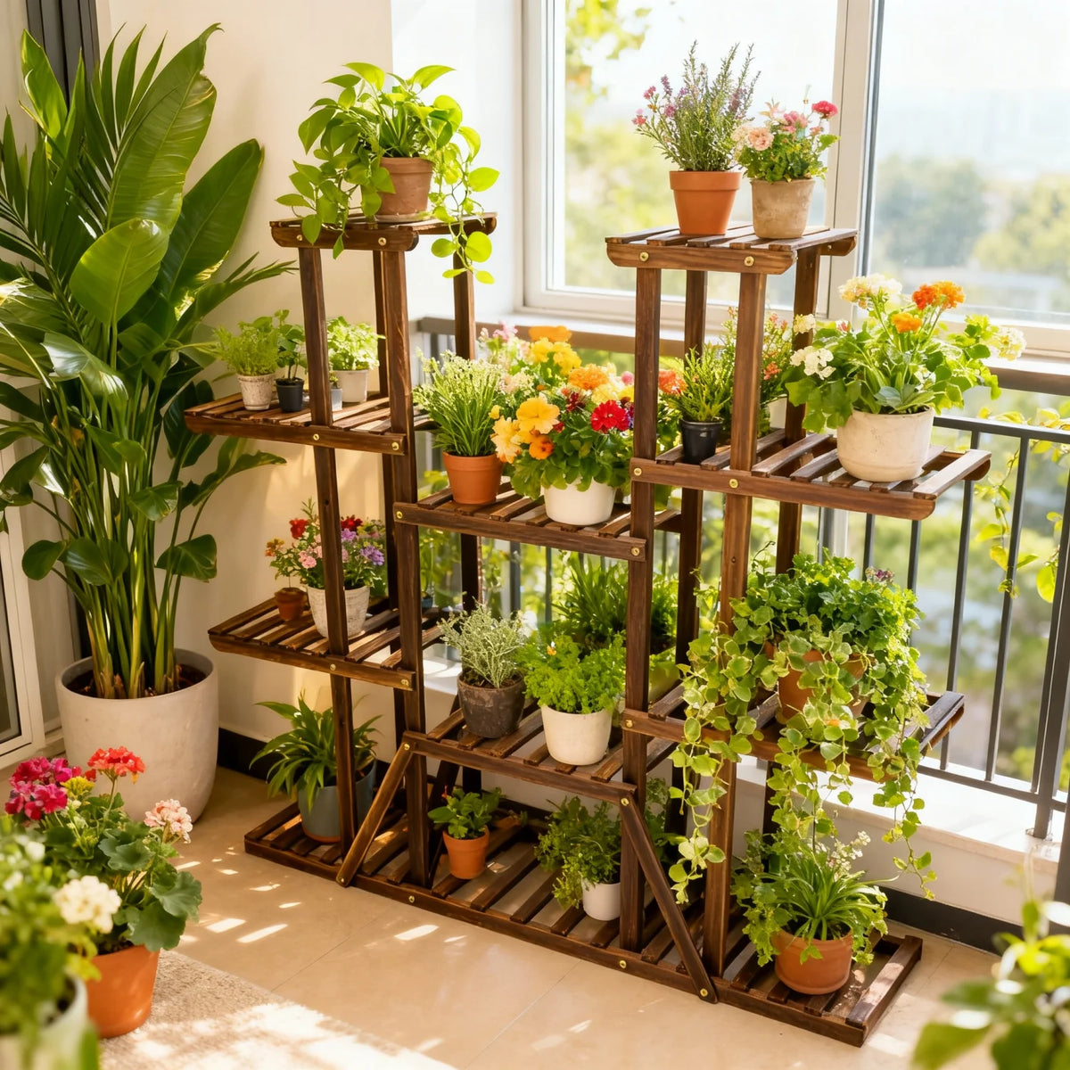 Großer 11-stufiger Pflanzenständer aus Holz, breites Blumenregal für Innen- und Außenbereiche