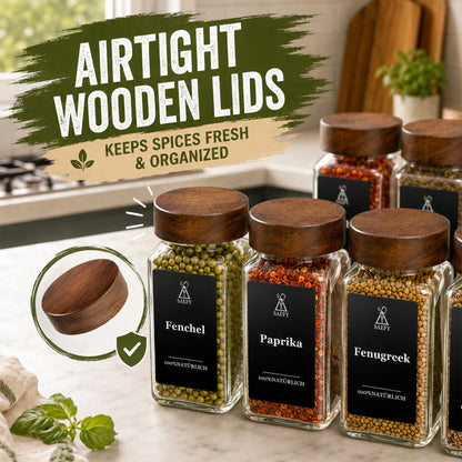 Quadratisches Gewürzglas mit Akazienholzdeckel, 120 ml, Gewürzgläser-Set mit Etiketten, BPA-frei