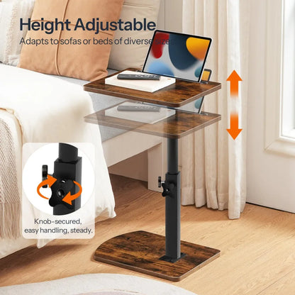 Vintage brauner C-förmiger Beistelltisch – höhenverstellbar 360° °   Drehbarer Sofa-Schreibtisch mit Getränkehalter und Tablet-Schlitz