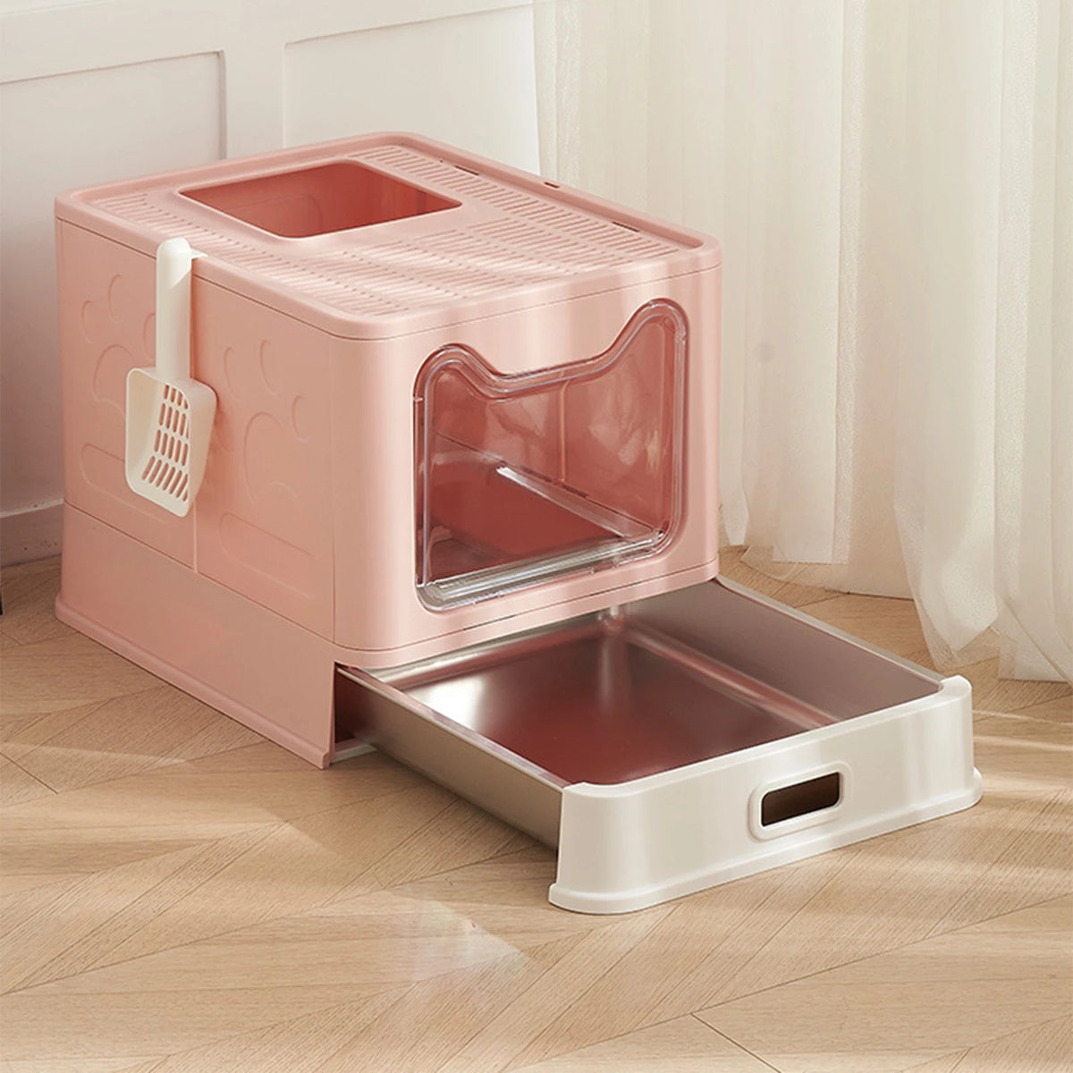 Faltbare Katzenschubladenbox mit Edelstahlschublade, kein Lose, auslaufsicher, leicht zu reinigen, Pink/Grau/Grün