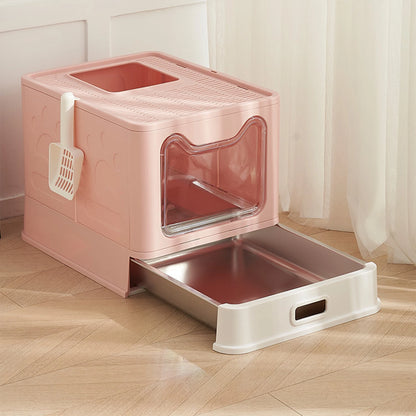 Faltbare Katzenschubladenbox mit Edelstahlschublade, kein Lose, auslaufsicher, leicht zu reinigen, Pink/Grau/Grün