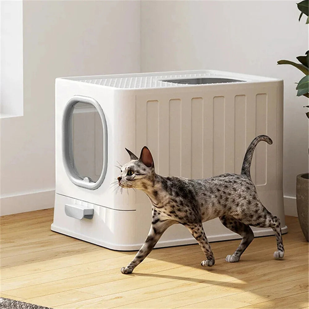 Große geschlossene Katzentoilette mit Oberreinstieg, Ausziehschublade und Schaufel (Grau und Weiß)