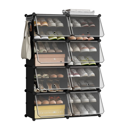 Faltbarer modularer Schuhschrank – transparenter stapelbarer Kunststoff-Schuhorganizer mit Seitenhaken für Flur und Wohnzimmer