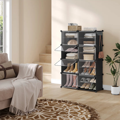 Faltbarer modularer Schuhschrank – transparenter stapelbarer Kunststoff-Schuhorganizer mit Seitenhaken für Flur und Wohnzimmer