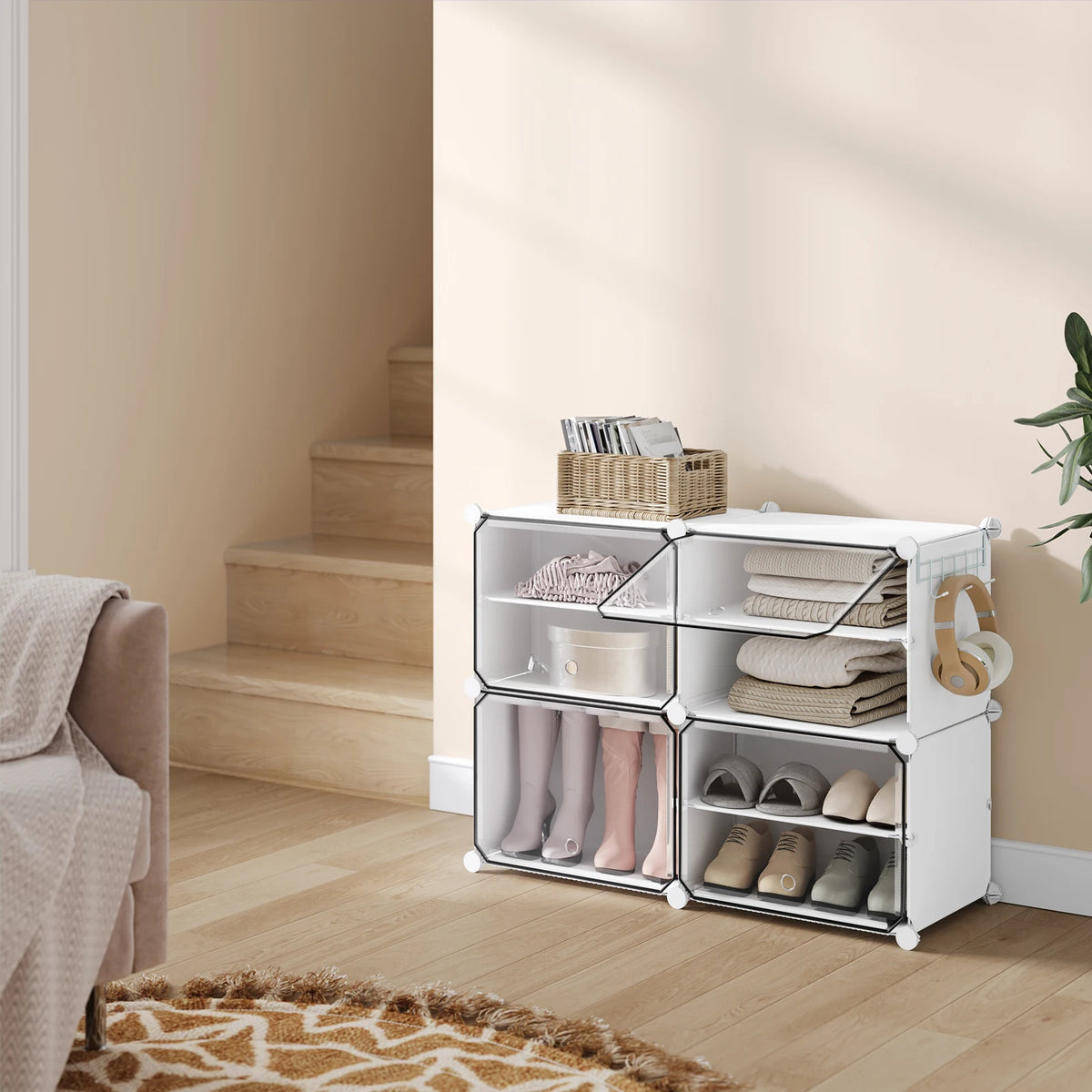 Faltbarer modularer Schuhschrank – transparenter stapelbarer Kunststoff-Schuhorganizer mit Seitenhaken für Flur und Wohnzimmer