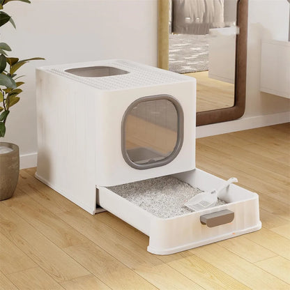 Große geschlossene Katzentoilette mit Oberreinstieg, Ausziehschublade und Schaufel (Grau und Weiß)