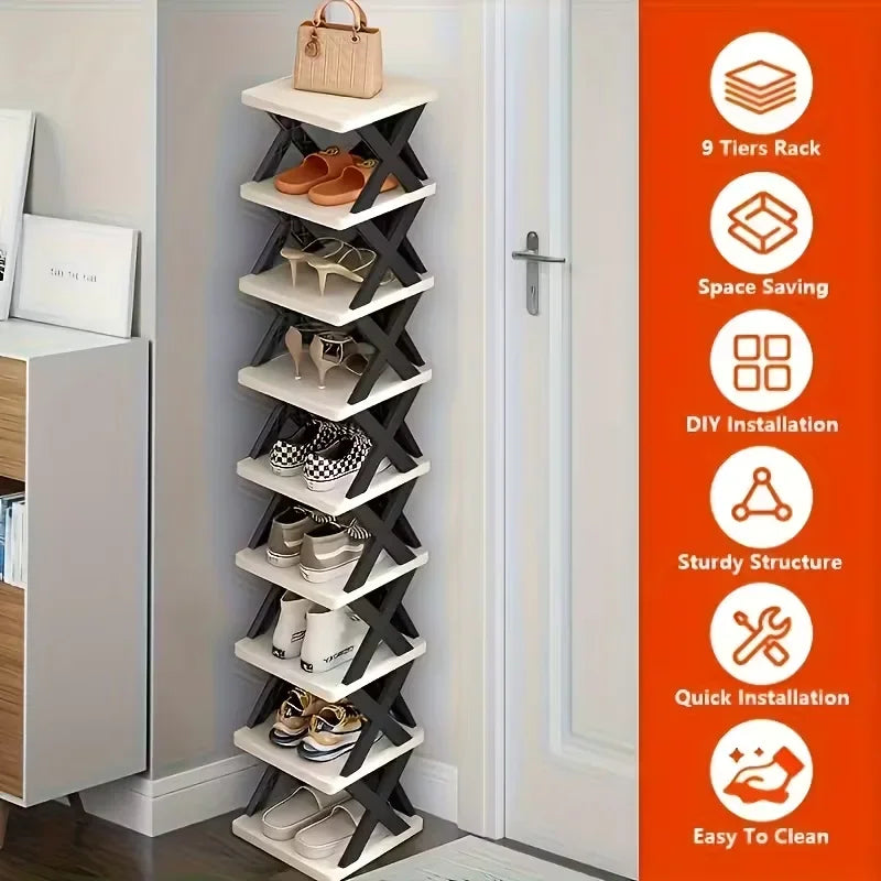 Platzsparender Eck-Schuhregal-Organizer – Hohes, schmales, robustes Kunststoffregal mit 6/9 Ebenen für 6/9 Paar Schuhe & Stiefel, vielseitige Aufbewahrung für Eingangsbereich, Schrank, Garage, Wohnzimmer, Schuh-Organizer