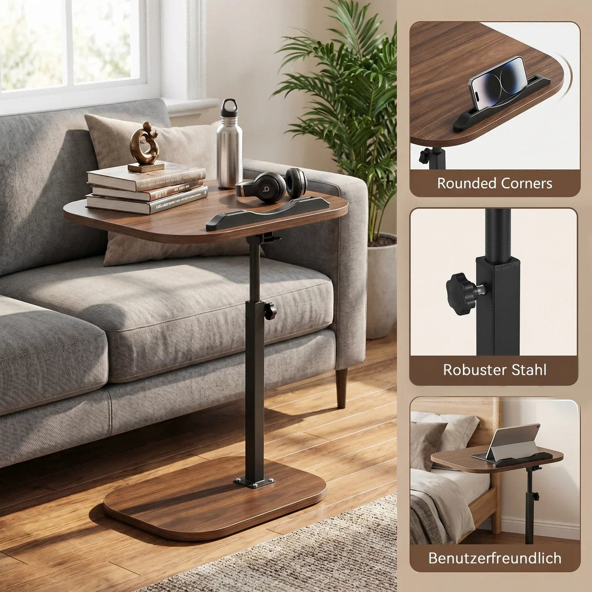 Höhenverstellbarer C-förmiger Nachttisch Tragbarer Laptop-Tisch Robuste Metallbasis Sofa-Beistelltisch zum Lesen Arbeiten Kaffee- und Snackaufbewahrung für Schlafzimmer und Wohnzimmer