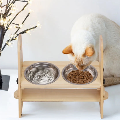 Höhenverstellbarer Doppelnapfständer aus Kiefernholz für Hunde und Katzen