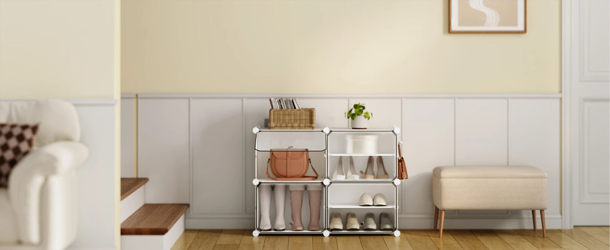 Faltbarer modularer Schuhschrank – transparenter stapelbarer Kunststoff-Schuhorganizer mit Seitenhaken für Flur und Wohnzimmer
