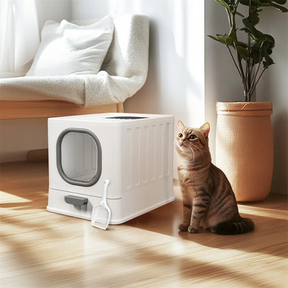 Große geschlossene Katzentoilette mit Oberreinstieg, Ausziehschublade und Schaufel (Grau und Weiß)