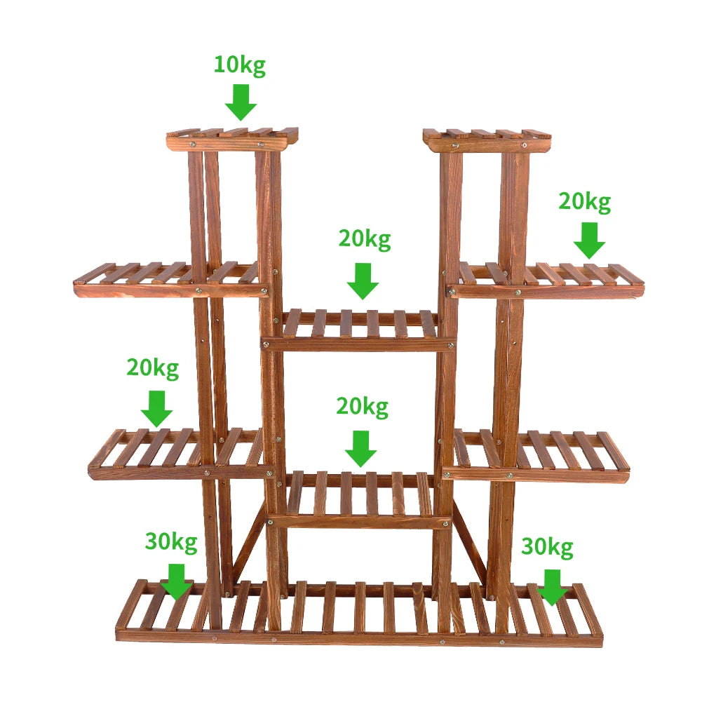 Großer 11-stufiger Pflanzenständer aus Holz, breites Blumenregal für Innen- und Außenbereiche