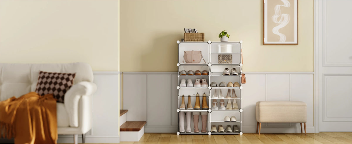 Faltbarer modularer Schuhschrank – transparenter stapelbarer Kunststoff-Schuhorganizer mit Seitenhaken für Flur und Wohnzimmer