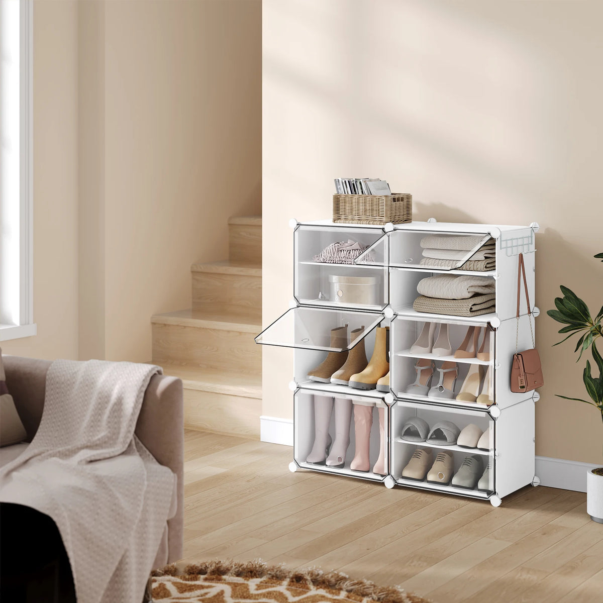 Faltbarer modularer Schuhschrank – transparenter stapelbarer Kunststoff-Schuhorganizer mit Seitenhaken für Flur und Wohnzimmer