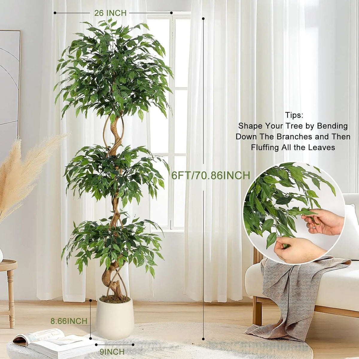 Künstlicher Ficusbaum mit weißem Pflanztopf, 122–183 cm