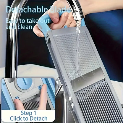 Sicherer Gemüseschneider mit 4 Schneidmodi – verstellbarer Zerkleinerer und Julienne-Hobel (Himmelblau)