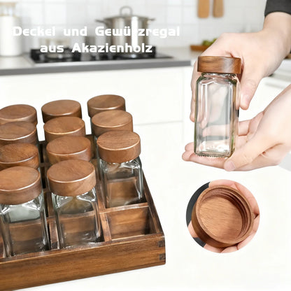 Saeiv Gewürzdosen-Set mit Akazienholztablett, 12 oder 24 Dosen