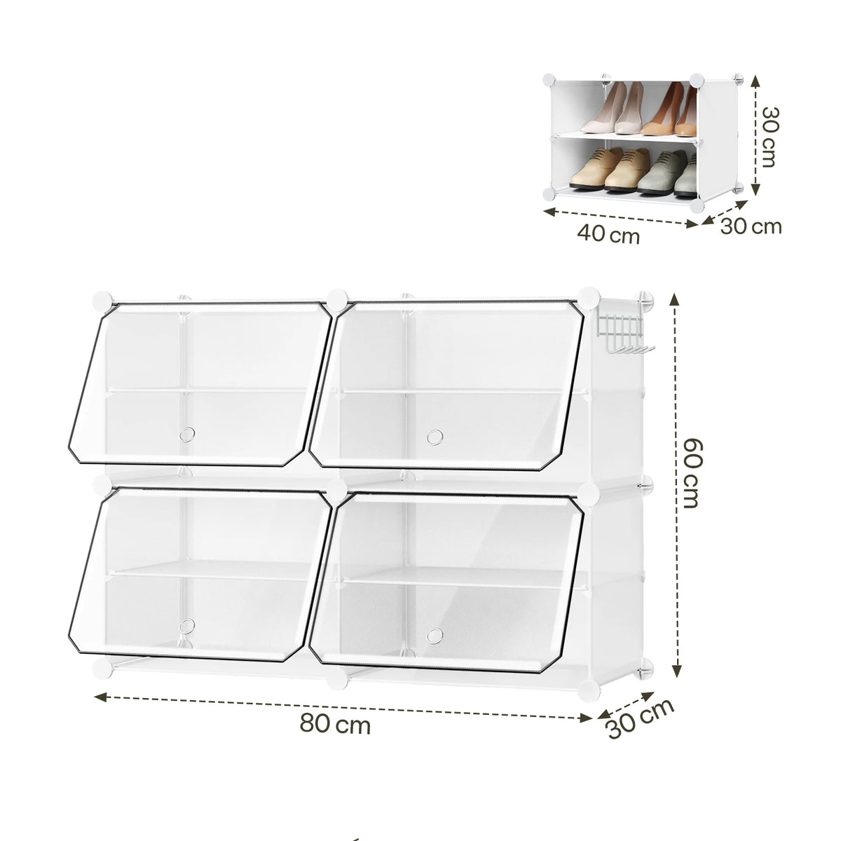 Faltbarer modularer Schuhschrank – transparenter stapelbarer Kunststoff-Schuhorganizer mit Seitenhaken für Flur und Wohnzimmer