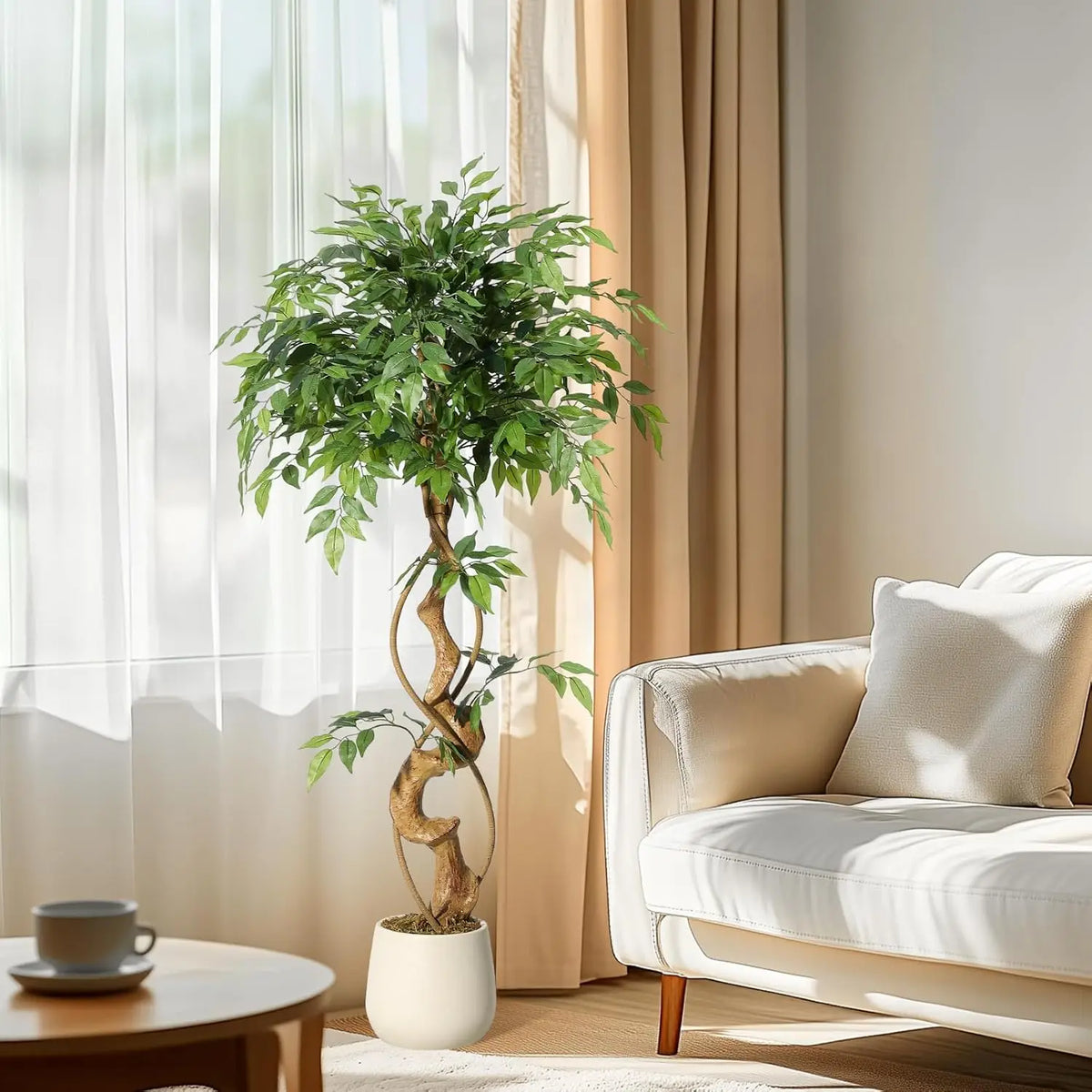 Künstlicher Ficusbaum mit weißem Pflanztopf, 122–183 cm