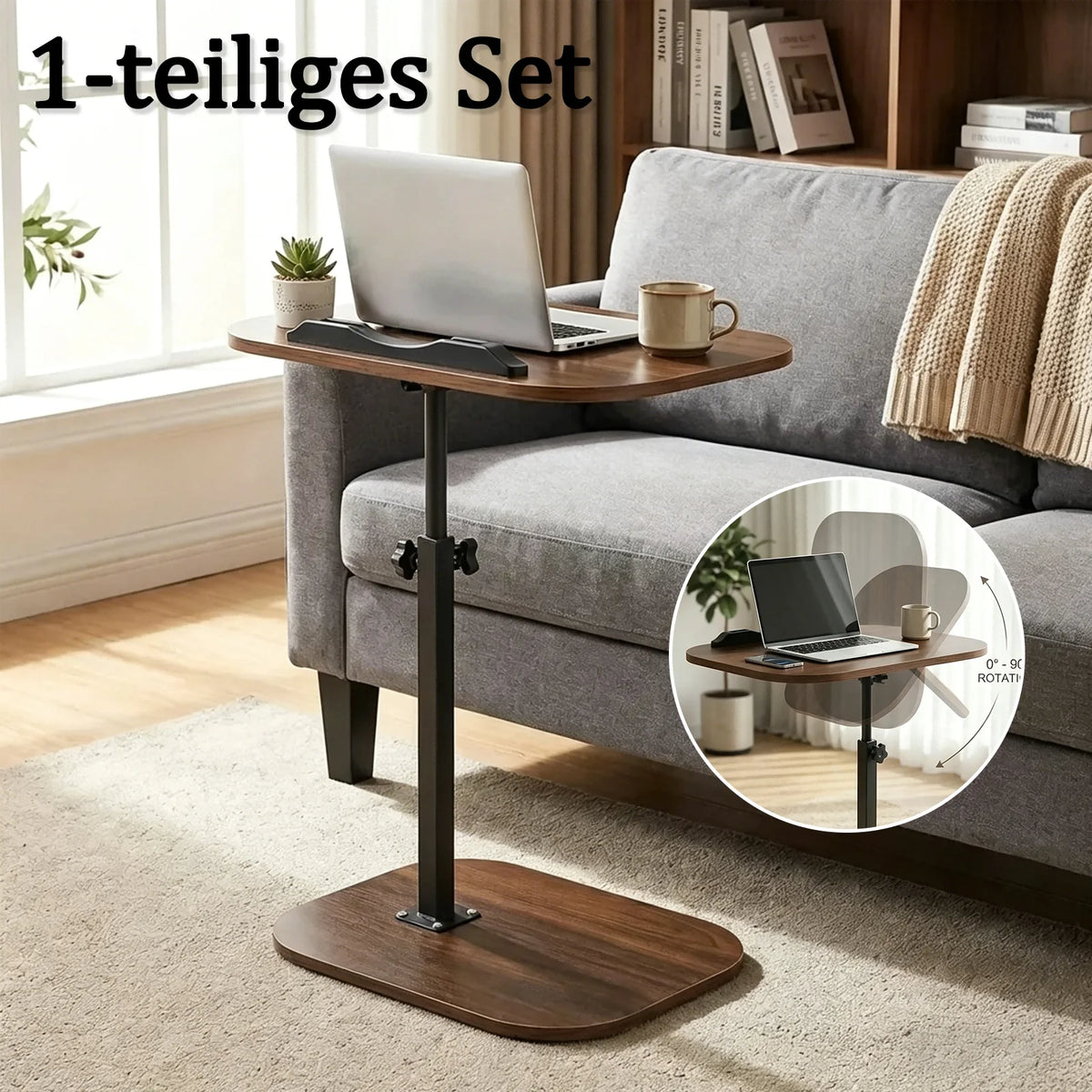 Höhenverstellbarer C-förmiger Nachttisch Tragbarer Laptop-Tisch Robuste Metallbasis Sofa-Beistelltisch zum Lesen Arbeiten Kaffee- und Snackaufbewahrung für Schlafzimmer und Wohnzimmer