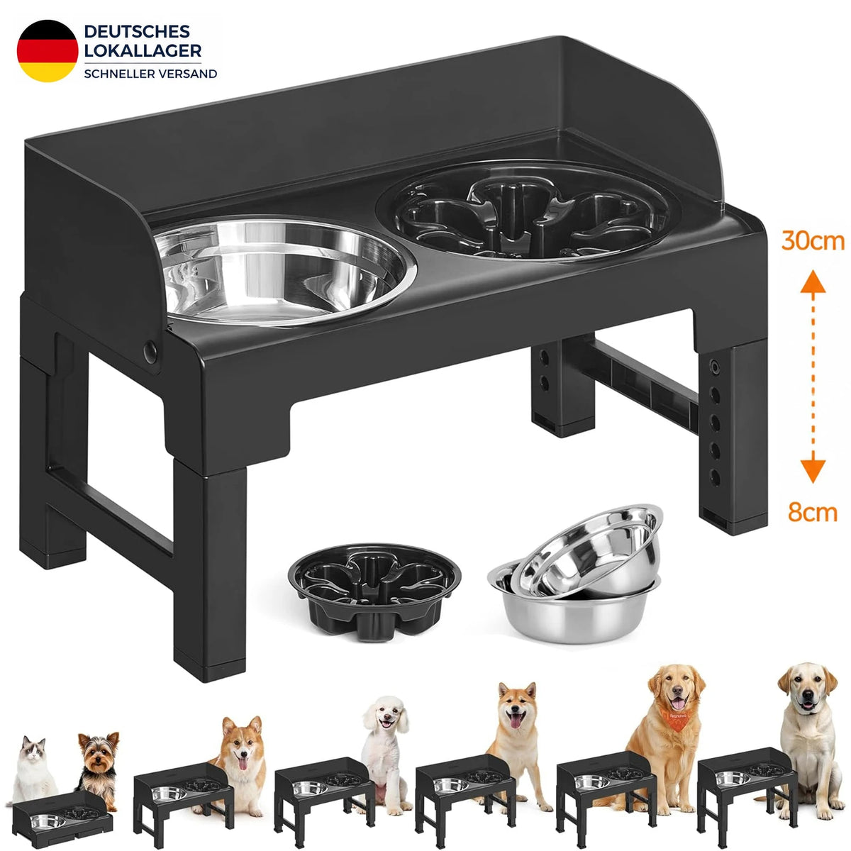Höhenverstellbare Futterstation für Hunde und Katzen mit 3 Näpfen