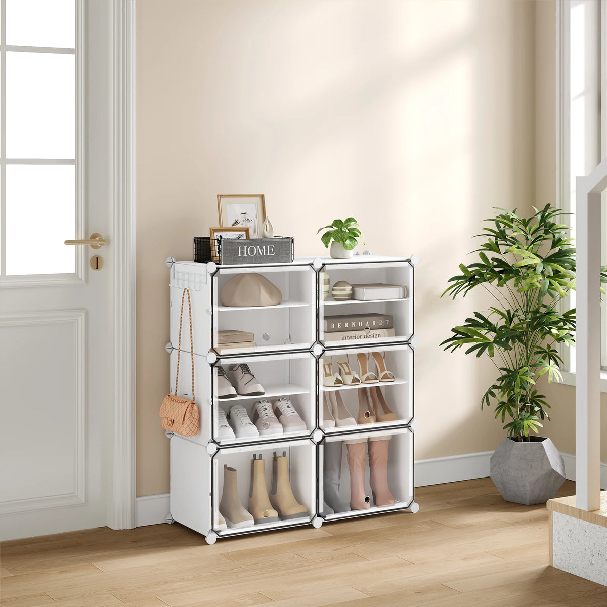 Faltbarer modularer Schuhschrank – transparenter stapelbarer Kunststoff-Schuhorganizer mit Seitenhaken für Flur und Wohnzimmer