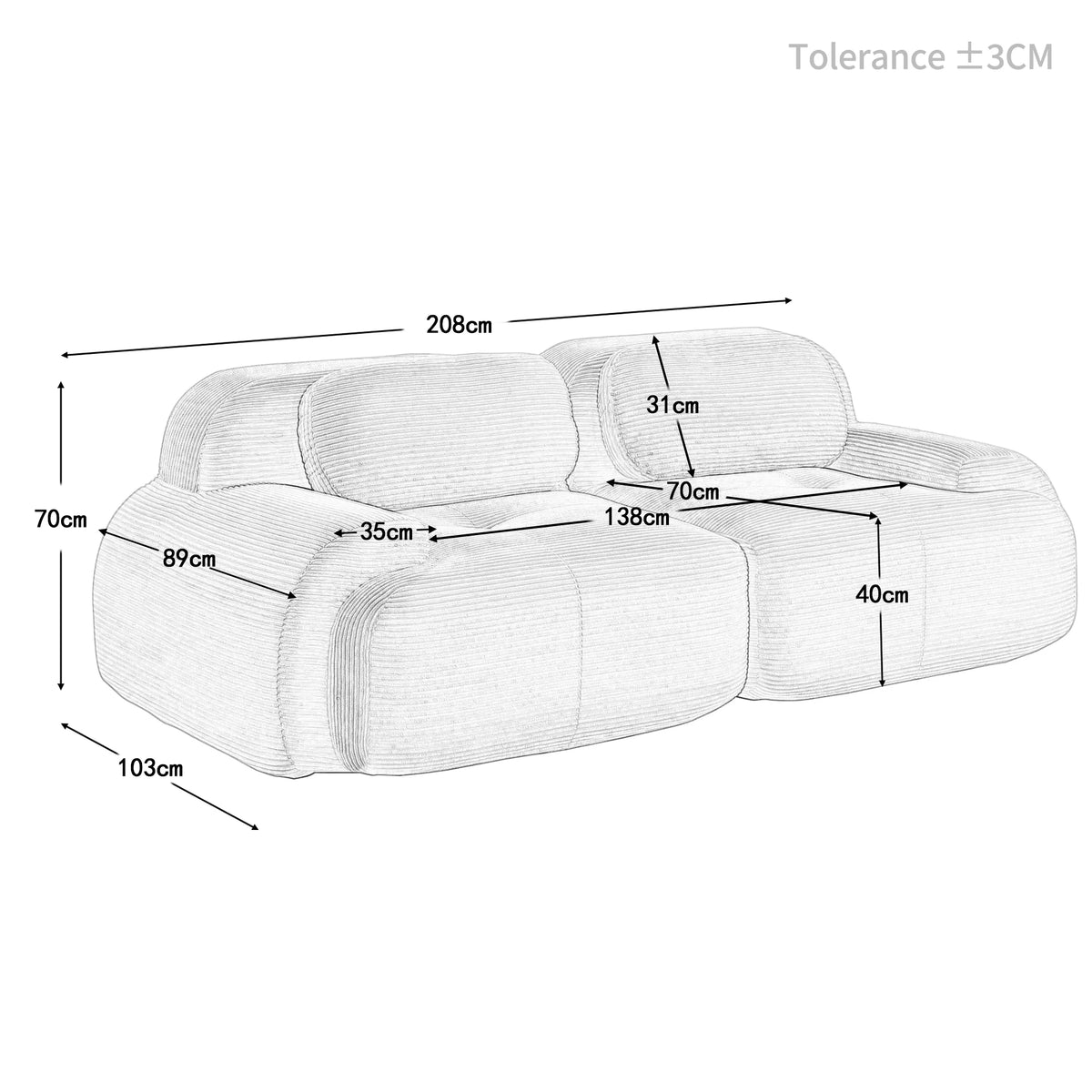 82'' Loveseat-Sofa mit gebogenen Armlehnen und rutschfester Unterseite, hochelastischer Polsterung, geeignet für Wohnzimmer, Schlafzimmer
