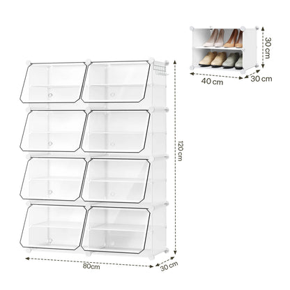 Faltbarer modularer Schuhschrank – transparenter stapelbarer Kunststoff-Schuhorganizer mit Seitenhaken für Flur und Wohnzimmer