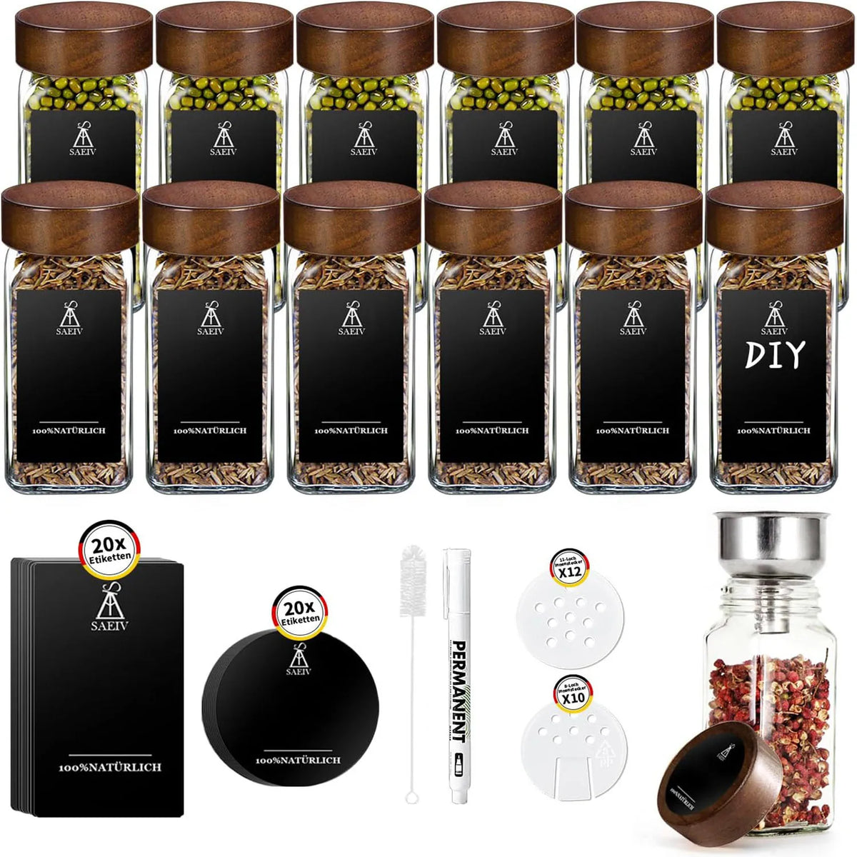 Quadratisches Gewürzglas mit Akazienholzdeckel, 120 ml, Gewürzgläser-Set mit Etiketten, BPA-frei