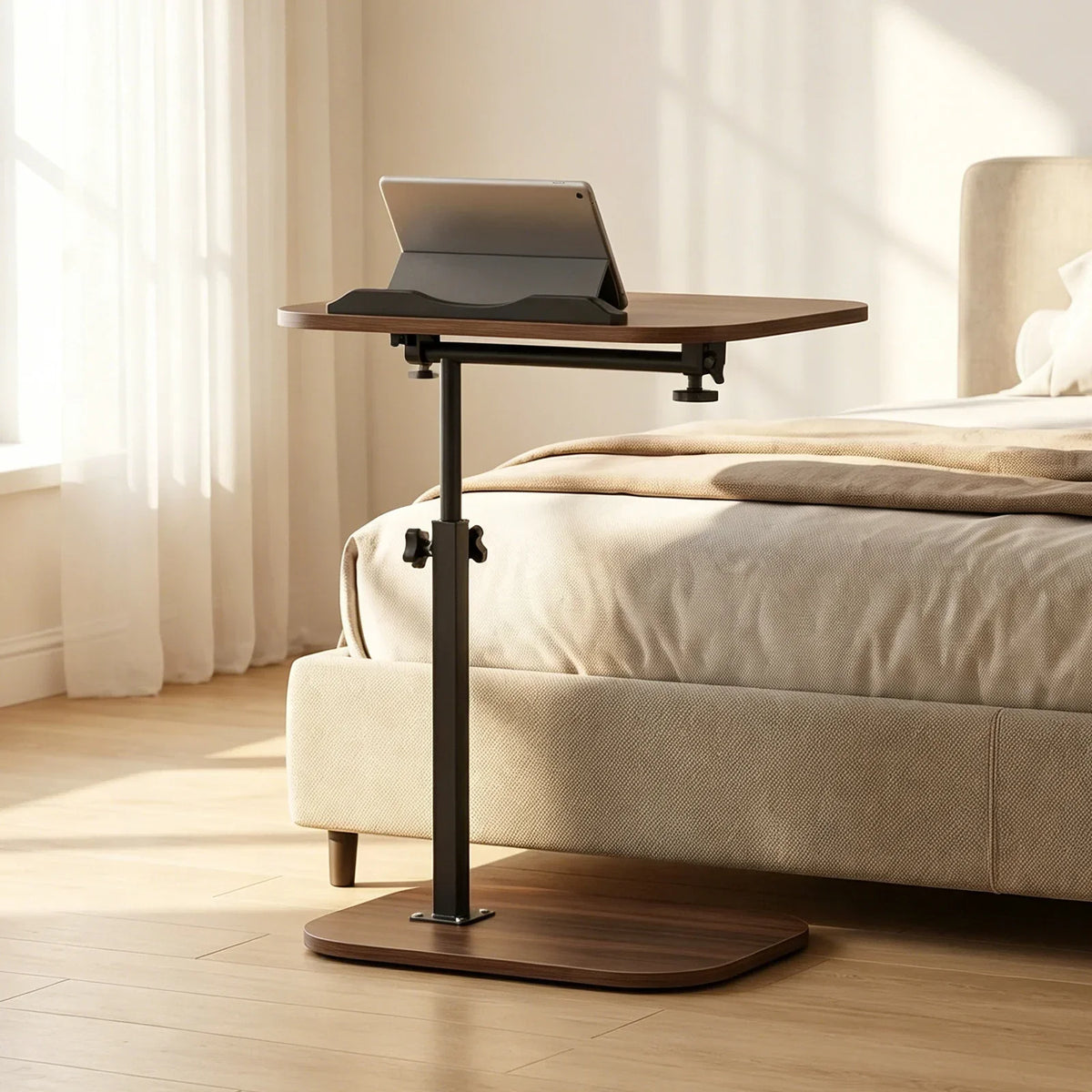 Höhenverstellbarer C-förmiger Nachttisch Tragbarer Laptop-Tisch Robuste Metallbasis Sofa-Beistelltisch zum Lesen Arbeiten Kaffee- und Snackaufbewahrung für Schlafzimmer und Wohnzimmer