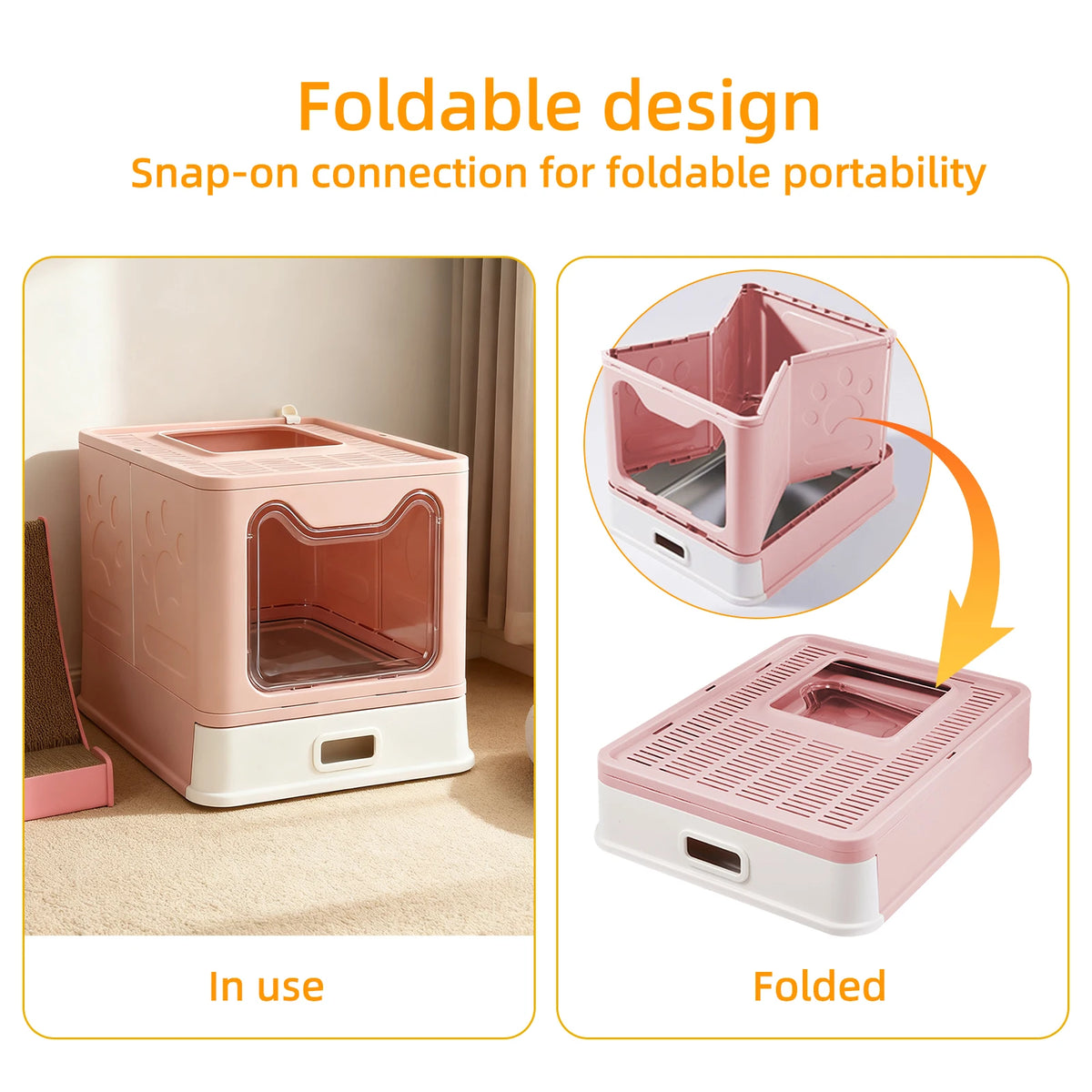 Faltbare Katzenschubladenbox mit Edelstahlschublade, kein Lose, auslaufsicher, leicht zu reinigen, Pink/Grau/Grün