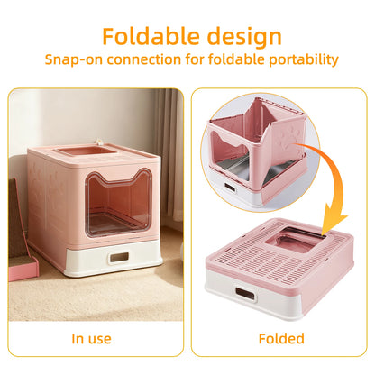 Faltbare Katzenschubladenbox mit Edelstahlschublade, kein Lose, auslaufsicher, leicht zu reinigen, Pink/Grau/Grün