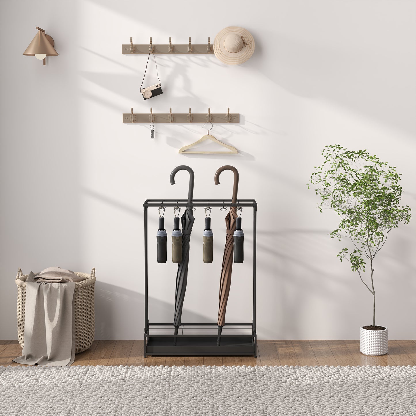 Schirmständer mit Tropfschale – 21 Öffnungen & 24 Haken, Stahl, Schwarz